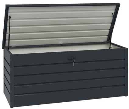 STEELSØN Auflagenbox Dorado für den Garten wasserdicht, Aufbewahrungsbox Garten 600 L mit klappbaren Deckel, Gartenbox aus Metall verzinkt Anthrazit