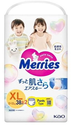 Merries Japanese Pants, XL, 12-22 kg, 38 + 2 pcs. Soft, Absorbent, Breathable Baby Diapers