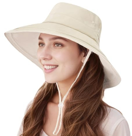 lifwimner Sun Hats for Women Wide Brim UV Protection, Foldable Ponytail Summer Hats Cap Waterproof Breathable Safari Bucket Hats for Beach Garden Fishing(Beige)