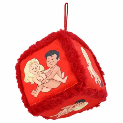 Sex Würfel aus Plüsch – 12 x 12 cm – Mit Motiven & Schlaufe – Weicher Plüsch-Rand – Lustiges Erotik-Gadget (Rot)
