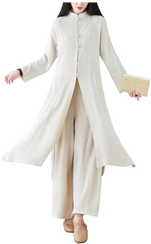 Tai-Chi-Anzug für Damen, Traditionelle Chinesische Zen-Meditationsuniform, Baumwolle und Leinen, Lange Ärmel, Kung Fu für Kampfsport, Qigong,Beige-XL