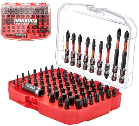 GEINXURN 83 Pièces Coffret d’embouts de Tournevis en Acier S2 Magnétique Torx/Phillips/Pozidriv/Plat/Hex Embouts de Vissage, Porte-embout, Adaptateur de Douille avec Boîte de Rangement Rouge