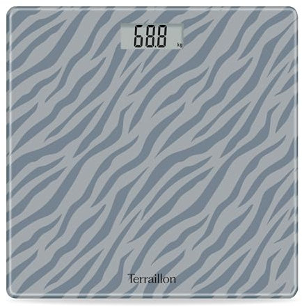 TERRAILLON - ONE GREY SAND- Balance pèse personne électronique, Compact et ultra plat, Plateau en verre 27cm x 27 cm, Ecran LCD, Capacité 160Kg, Graduation 100g, Sérigraphie Sable gris
