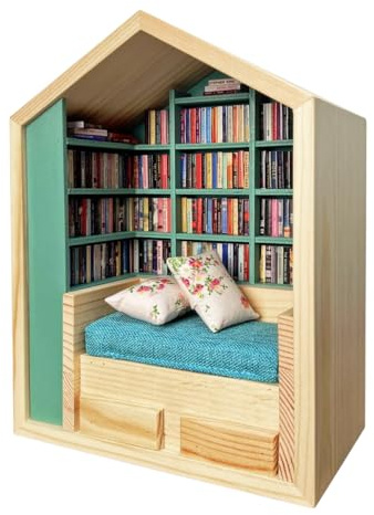 Yuhtech Libreria per l'Ansia, Scaffale per Allontanare l'Ansia, Mini Libreria con 200 Mini Libri, Antistress, Miniatura in Legno di Libreria, Ornamento per Libreria (1, Forma di Casa)