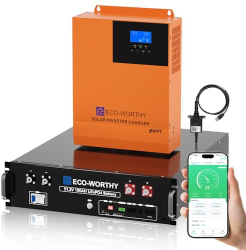 ECO-WORTHY 51.2V 100AH LiFePO4 Server Rack Battery with 48V 5000W Hybrid Inverter,Low-Temp Protection & Bluetooth for Off-Grid, Solar & Backup Power