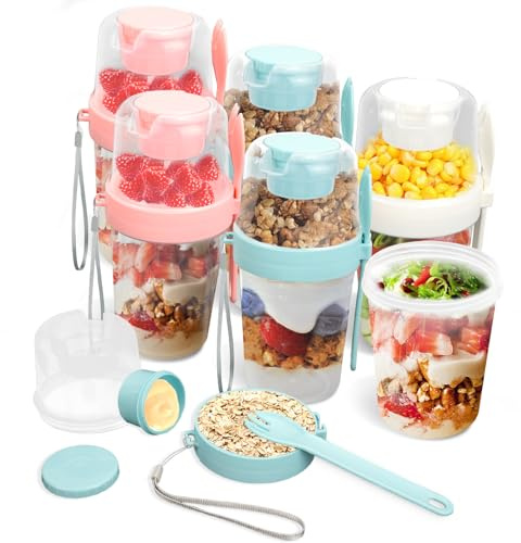 MAIJIAJU 6 vasos de cereales para llevar con cuchara, para el desayuno de | Plástico PP libre de BPA, a prueba de fugas, multicolor, adecuado para oficina, escuela, picnic, overnight oats yogur