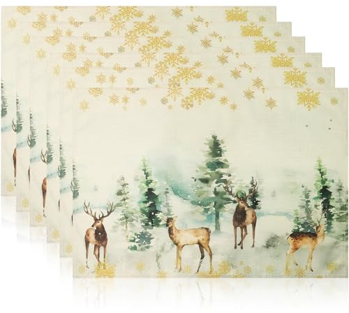 NVGVUP 6 Stück Platzset Weihnachten 45x30cm, Leinen Tischset Abwaschbar | Weihnachtsdeko mit Kiefern, Elch und Schneeflocken Motiv für Festliche Tischdekoration und Winteressen