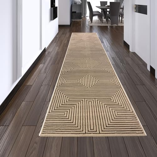 Teppich-Traum Kurzflor Teppich 3D Relief Beige 80x300 cm | Pflegeleicht, schmutzabweisend, strapazierfähig, angenehm weich, seitlich gekettelt, fußbodenheizungsgeeignet, 8 mm Flor