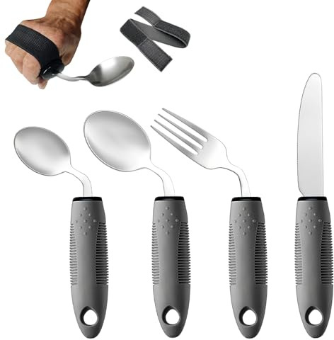 Rppiup Adaptive Utensils Set, 4PCS Cutlery for Arthritic Hands with Fixing Strap, 42° Angled, 3oz Weighted, Arthritis Aids Bendable Cutlery Easy-Grip Ergonomic for Disabled Hands, Parkinson, Arthritis