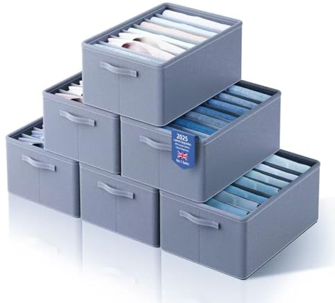 YOYIKKO 6Pcs Large Clothes Closet Organizer 7 Compartments, Stackable Shelf Storage Baskets, Wardrobe Clothes Storage Bins for Sweater, T-Shirt, Hoodie, Dress (Grey88)