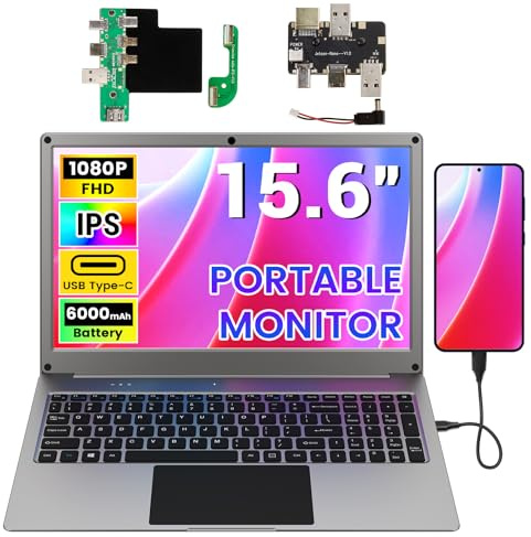 Portable Monitor with Keyboard, 15.6 Inch Lapdock Display with 6000mah Built-in Battery, 1080P FHD USB C Monitors with RPi5 & Jetson Adapters Compatible with RPi5, PC, Phone, Mac, Game Console