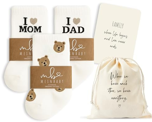 MeinBaby123® Geschenk zur Geburt, Baby, Geschenk Babyparty für Eltern, Mama & Papa, Baby Socke I love Mom, I love Dad, Geschenkset