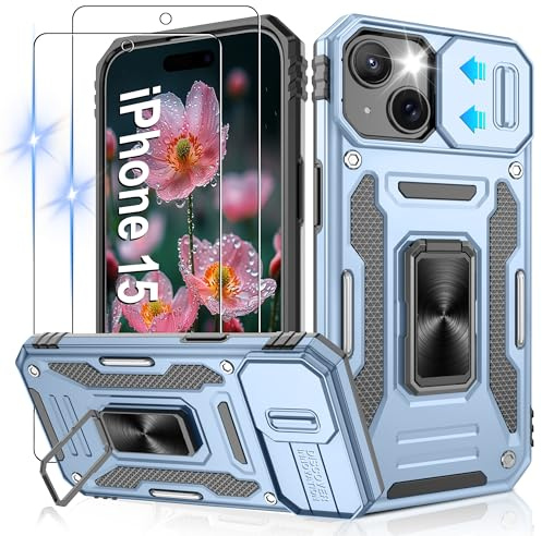 Jshru for iPhone 15 Phone Case with Screen Protector | Camera Protective Cover | Magnetic Ring Kickstand,Shockproof Bumper Phone Cover for iPhone 15,Light Blue