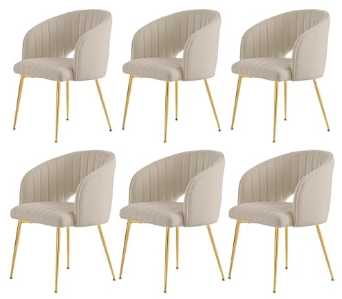 SUPPNEED Lot de 6 chaises de salle à manger en velours, chaises de table à manger, chaises rembourrées avec accoudoirs, dossier incurvé, pieds dorés, chaises de cuisine, fauteuils pour salon, chambre