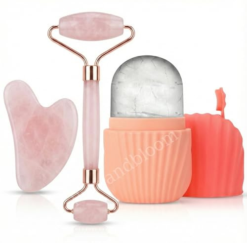Kit Massage Visage 3-en-1 - Rouleau de Quartz Rose & Obsidienne, Gua Sha et Ice Roller| Routine Éclat, Anti-Poches & Drainage Lymphatique. Coffret Cryothérapie Faciale & Lifting Naturel (Rose)