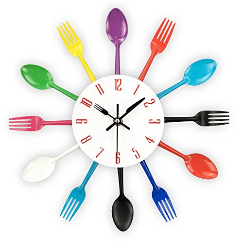 Reloj de cocina efecto espejo con diseño de cuchara, tenedor, cubertería, adhesivo extraible en 3D para decoración del hogar