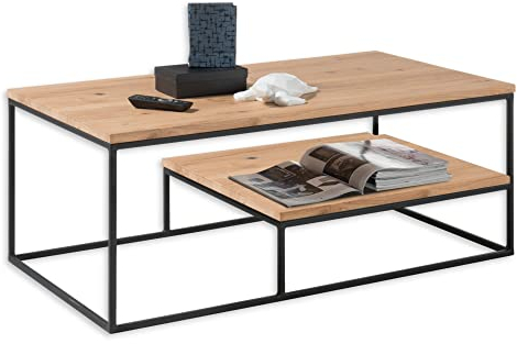 THORE 2 Couchtisch Massivholz Eiche - Hochwertiger Sofatisch mit praktischer Ablage und schwarzem Metallgestell - 110 x 42 x 60 cm (B/H/T)