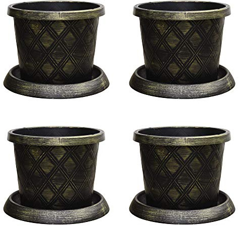 4 Large Garden Patio Planters Modern Display Pot & Saucer Stunning black and gold lattice effect Ideal for planting flower plugs shrub and vegetables 4 x 39cm Pots and Saucers by Thompson and Morgan