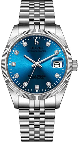 BUREI Herren Automatische Armbanduhr Kratzfestes Synthetisches Saphirglas mit Datumsanzeige Kleines Lederband