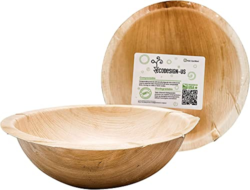 ECODESIGN-US Party Serving Bowls - Set of 8 - Large 40 Ounce - Disposable - Compostable - Eco-friendly - Palm Leaf Dinner Plates for Wedding and Holiday Catering