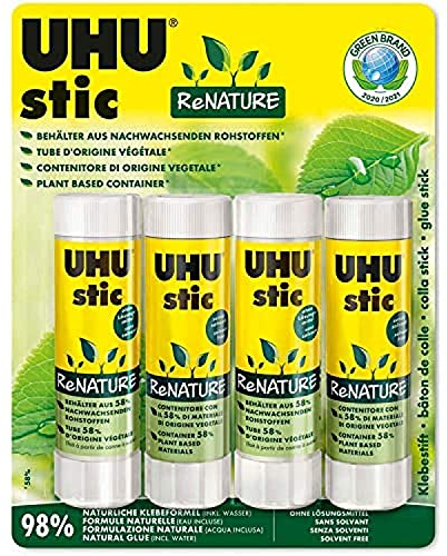 UHU stic ReNature 4x40g colla naturale con tubetto in bioplastica colla per bambini, sicura da usare per i lavoretti, adatta per la scuola, l'ufficio, l'università