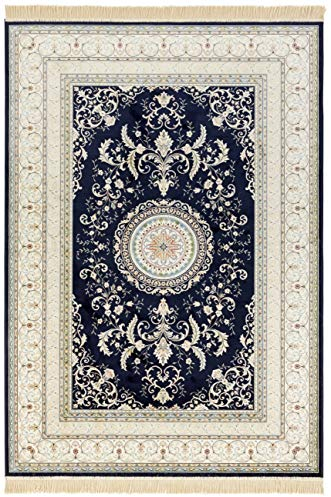 Nouristan Naveh Orient Teppich – Wohnzimmerteppich Orientalisch Kurzflor mit Fransen Vintage Orientalischer Samt-Teppich für Esszimmer, Wohnzimmer, Schlafzimmer – Dunkelblau, 95x140cm