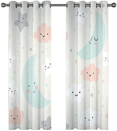 PANDAWDD Gardinen Vorhang Vorhänge Wohnzimmer 2Er Set,Vorhang Blickdicht Ösen Schallschutz Schlafzimmer Kinderzimmer Modern Fenster Dekoration Sterne, Mond, Wolken,H160Xb140cm