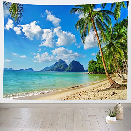Loccor Tropischer Strand Wandteppich Fotohintergrund Strandlandschaft mit Palme Welle Sommer Hawaii Wandbehang für Schlafzimmer Wohnzimmer College Wohnheim Booth Luau Party Home Dekorationen