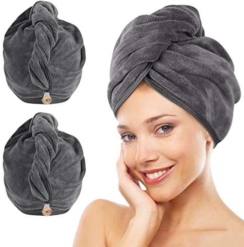 KinHwa Turban Handtuch mit Knopf XL Mikrofaser Haarturban für die Haare schnelltrocknend Haarhandtuch super saugfähig und weich für Lange und dichte Haare 30cmx70cm 2 Stück Grau