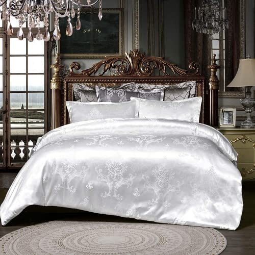 Bettwäsche Satin 135x200 cm 4teilig Seiden Deckenbezug Weiß Blumen Muster Bettbezug Set Glatt Luxus Jacquard Seide Weiss Luxuriös Romantisch Wendebettwäsche mit Reißverschluss und Kissenbezug 80x80cm