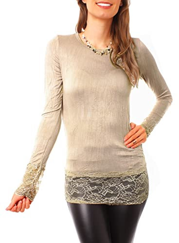 Easy Young Fashion Langarm Longshirt mit Spitzensaum 0998 - Beige S/M
