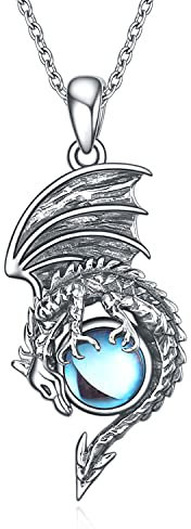 YFN Drachen Mondstein Halskette Sterling Silber Drachen Anhänger Schmuck Geschenke für Damen Herren