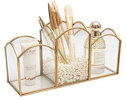 SLHEQING Makeup Pinselhalter Gold Make up Organizer Vintage Make-up-Pinsel-Halter mit 3 Fächer, Glas Schminktisch Organizer