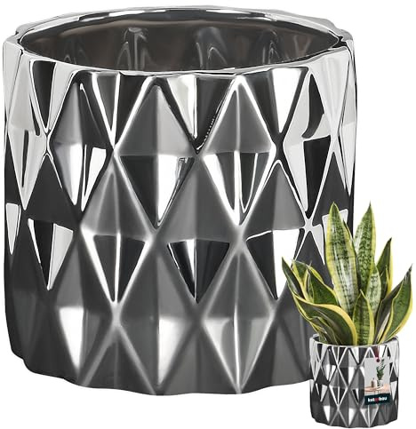 KOTARBAU® Keramik Blumentopf Übertopf Glasiert Silber Zylindrische Form für Innen- und Außenbereich ⌀ 120 mm