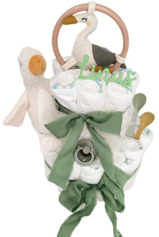 Elfenstall Windeltorte Pamperstorte mit Kuchentopper als Geschenk zur Geburt oder Taufe auf Wunsch mit Namen des Babys (Reiher)