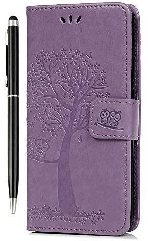 for iPhone 12 Case with Card Holder, iPhone 12 Pro Phone Case, Shockproof Wallet PU Leather Flip Owl Tree Embossed Magnet Kickstand Bumper Cover for iPhone 12/12 Pro & 1 Touch Pen Purple