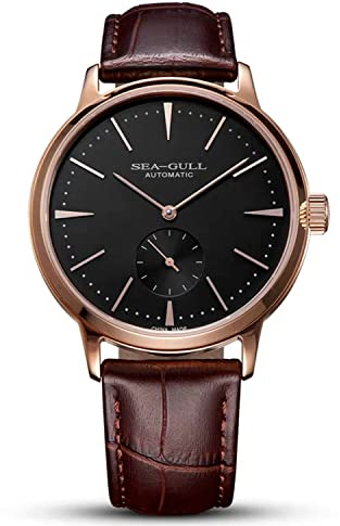 SEA-GULL Minimalistische Herrenuhr mit Lederband und Ersatzstahl-Uhrenarmband (Weiß/Silber), Schwarz/Gold, Einfach