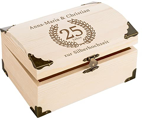 4you DESIGN Schatztruhe zur Silbernen Hochzeit I Personalisierbare Gravur I Kleine Schatzkiste aus Holz I Geschenk zum 25. Hochzeitstag
