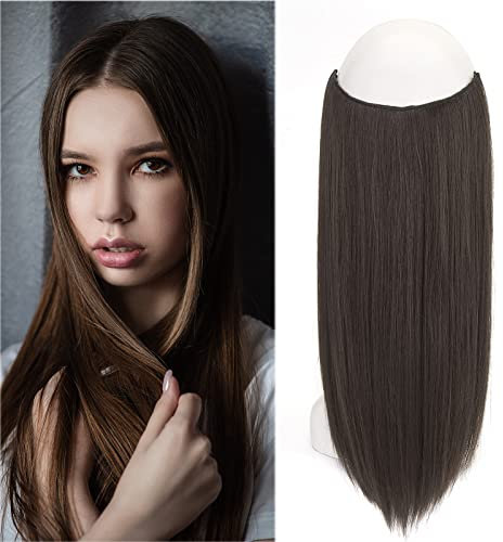 Gairyan Haarteil Extensions Haarverlängerung mit Unsichtbarem Draht 50cm Invisible Secret 1 Tresse Haarteil mit Gummiband Kunsthaar mit Geheimfaden Lange Glatte Synthetik Haare für Damen (Mittelbraun)
