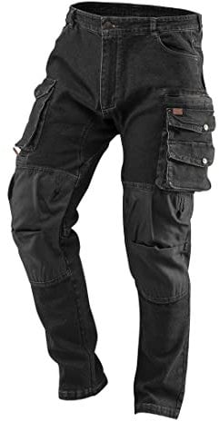 NEO TOOLS Pantalon de travail en denim noir, tailles XS-3XL ; coton + élasthanne ; genou renforcé, poches multifonctionnelles, rangement des outils, ventilation, CE, Noir , XS