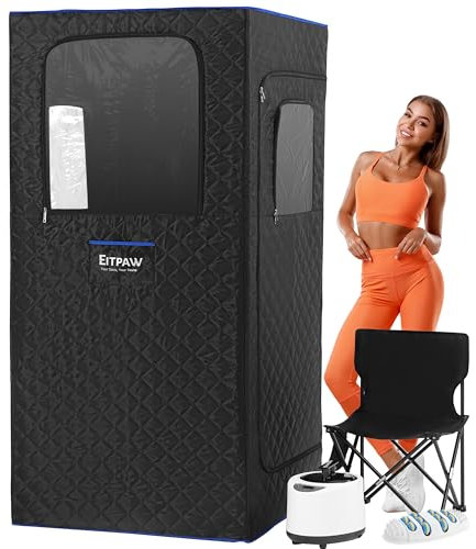 Eitpaw Sauna, Portable Steam Sauna, Poratble Sauna for Home, Personal Home Sauna Full Body with 2.6 L 1000W Steamer, Foldable Chair, Foot Massager, 16-Color LED Mood Lights, 2.6’ x 2.6’ x 5.9’, 110V