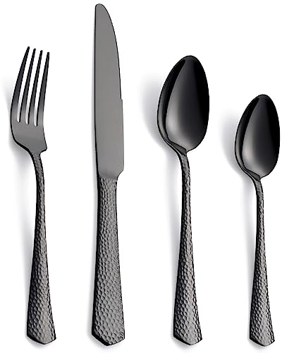 FULLYWARE 24-teiliges Besteck-Set, Edelstahl Schwarz Spiegelglanz Besteck Set, umfasst Gabeln, Löffel und Messer, Service für 6 Personen, spülmaschinenfest