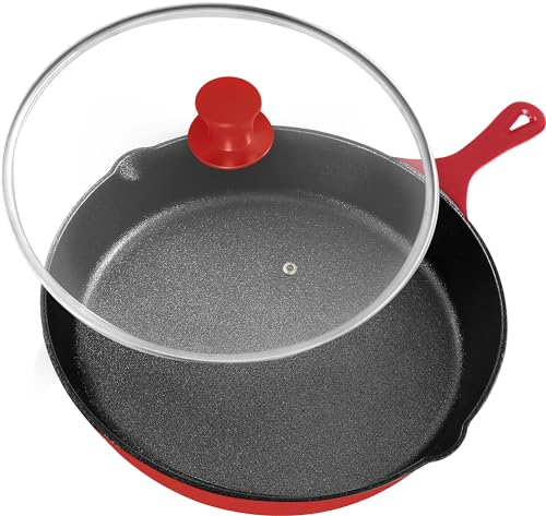 Utopia Kitchen Bratpfanne aus Gusseisen, vorgebrannt, mit Deckel, Bratpfanne, Gusseisenpfanne, sicheres Grill-Kochgeschirr für den Innen- und Außenbereich, Kochgeschenk für Männer und Frauen, Rot,