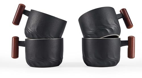 CLASGLAZ 170ml Ceramic Espresso Cups with Wooden Handle, Small Coffee Cups for Latte Cappuccino, Tea Cups Set of 4