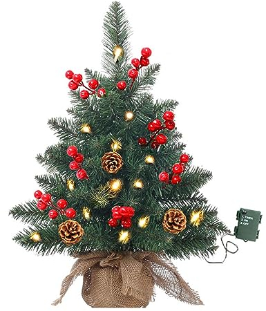 Mini Weihnachtsbaum mit LED-Lichterkette Künstlicher Tisch-Weihnachtsbaum mit Tannenzapfen und roten Beeren, Kleiner Weihnachtsbaum für Home Office Bar Esstisch Dekorationen
