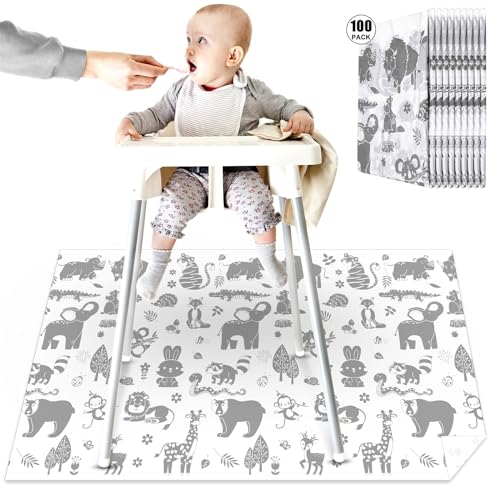 Drydiet 100 Pack 28x47 Disposable Floor Splat Mats for Under High Chair with Animals Print, Waterproof Plastic Floor Mat Multipurpose Baby Led Weaning Supplies(Forest Animal)