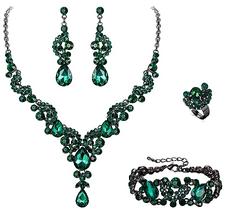 EVER FAITH 4 Stück Schmucksets für Damen Party Hochzeit Braut Strass Kristall floralen Welle Teardrop Halskette baumeln Ohrringe Armband Ring Set Grün Schwarz-Ton