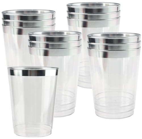 MOUYAT 100 PCS 360ml Silver Rimmed Plastic Cups, 12oz Plastic Cocktail Glasses Clear Tumblers, Reusable Party Drinking Cups for Birthdays, Weddings, Christmas, Picnic, Parties, and Events