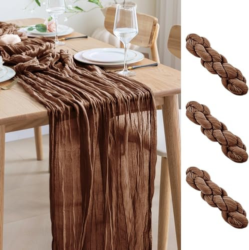 Asee'm 3PCS Tischläufer Käsetuch 300 x 90cm Braun Boho Transparente Läufer Tisch Hochzeit Gaze Stoff Rustikale Käse Tuch für Braut Dusche Party