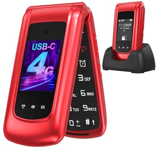 USHINING Teléfono Móvil 4G para Personas Mayores, Teléfono Móvil con Tapa Teclas Grandes Botón SOS Pantalla Doble de 2,4 y 1,77 Pulgadas Doble SIM USB-C Despertador Base de Carga, Fácil de Usar, Rojo